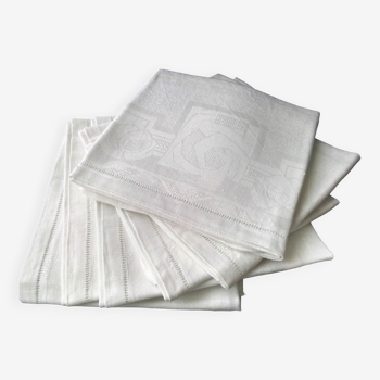 6 Old white damask linen napkins 52 x 55 cm