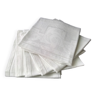 6 Anciennes serviettes de table en lin damassé blanc 52 x 55 cm