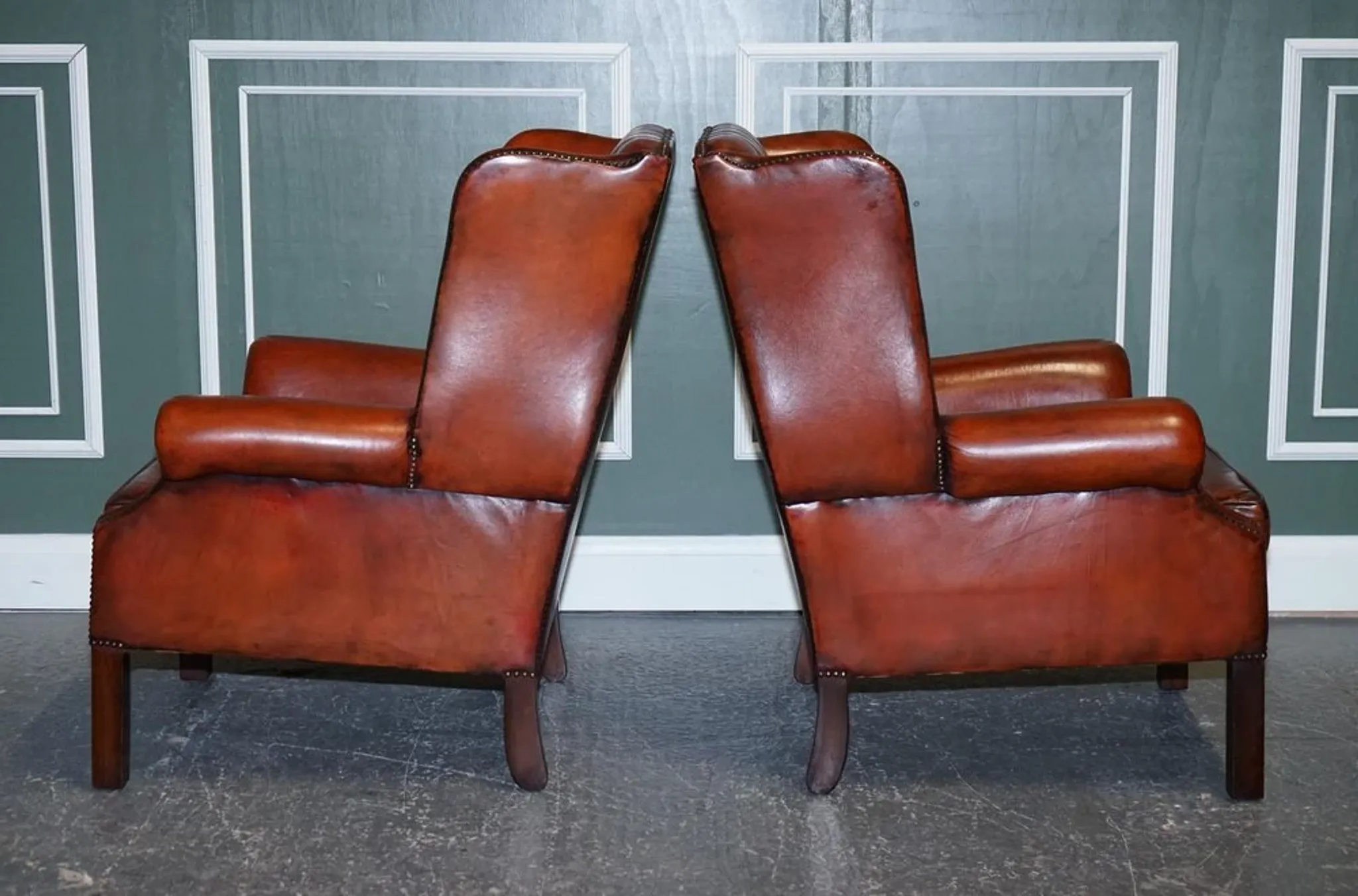 Brown Leather Hand-Dyed Wingback Chairs, Set of 2
