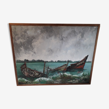 Tableau à l'huile de marine, épaves de bateaux