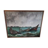 Tableau à l'huile de marine, épaves de bateaux