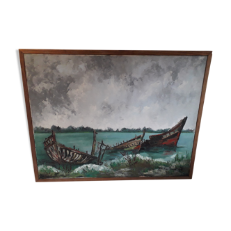 Tableau à l'huile de marine, épaves de bateaux