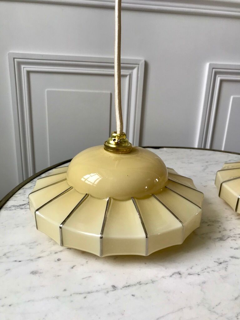 Pair of suspensions in opaline glass cream and silver border art deco 30s