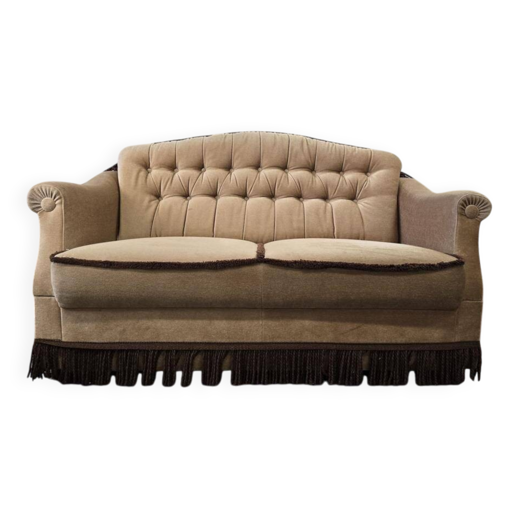 Vintage beige two-seater canapé with fringes.