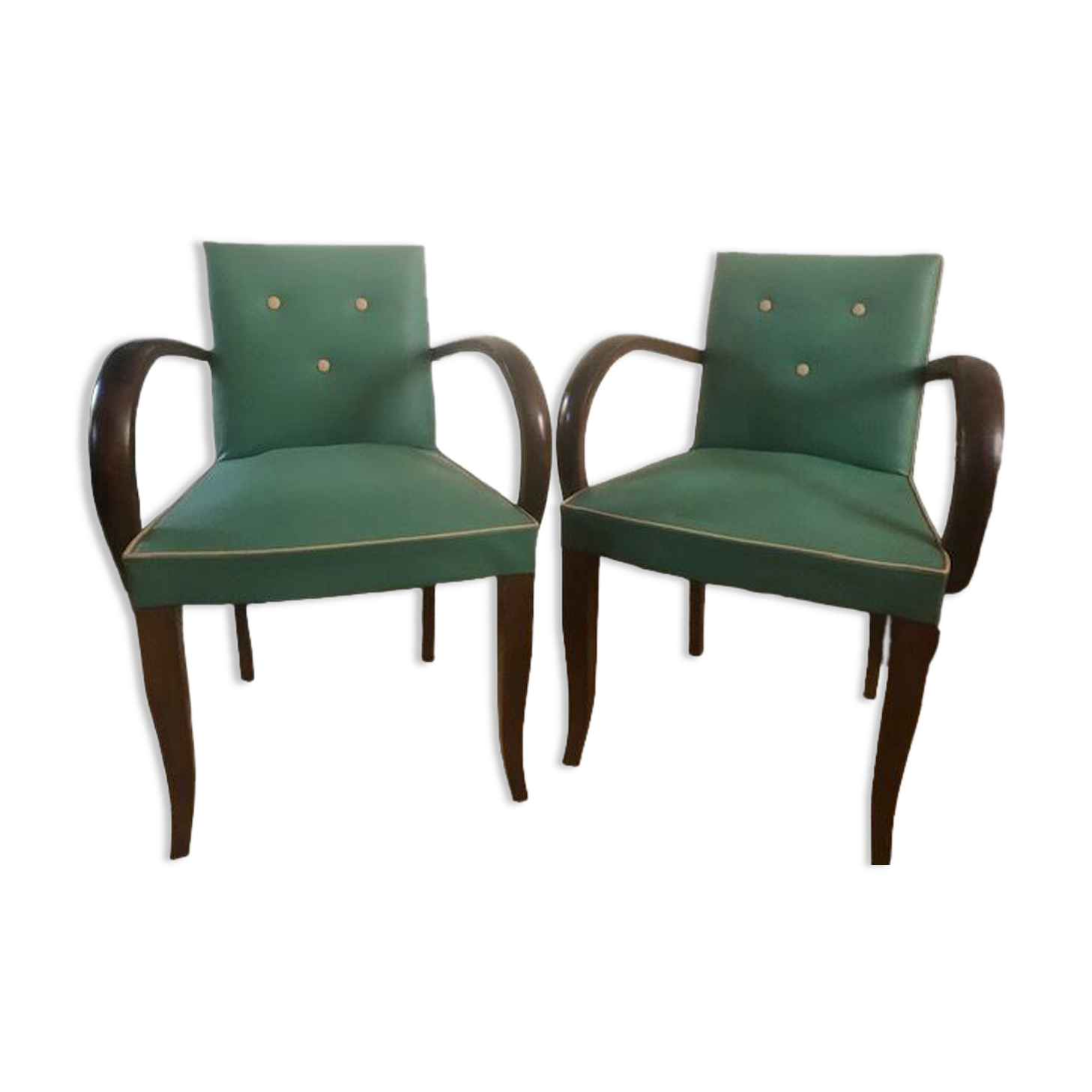 2 wooden and green skai club bridge armchairs