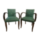 2 wooden and green skai club bridge armchairs