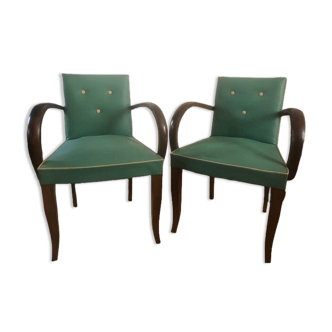 2 wooden and green skai club bridge armchairs