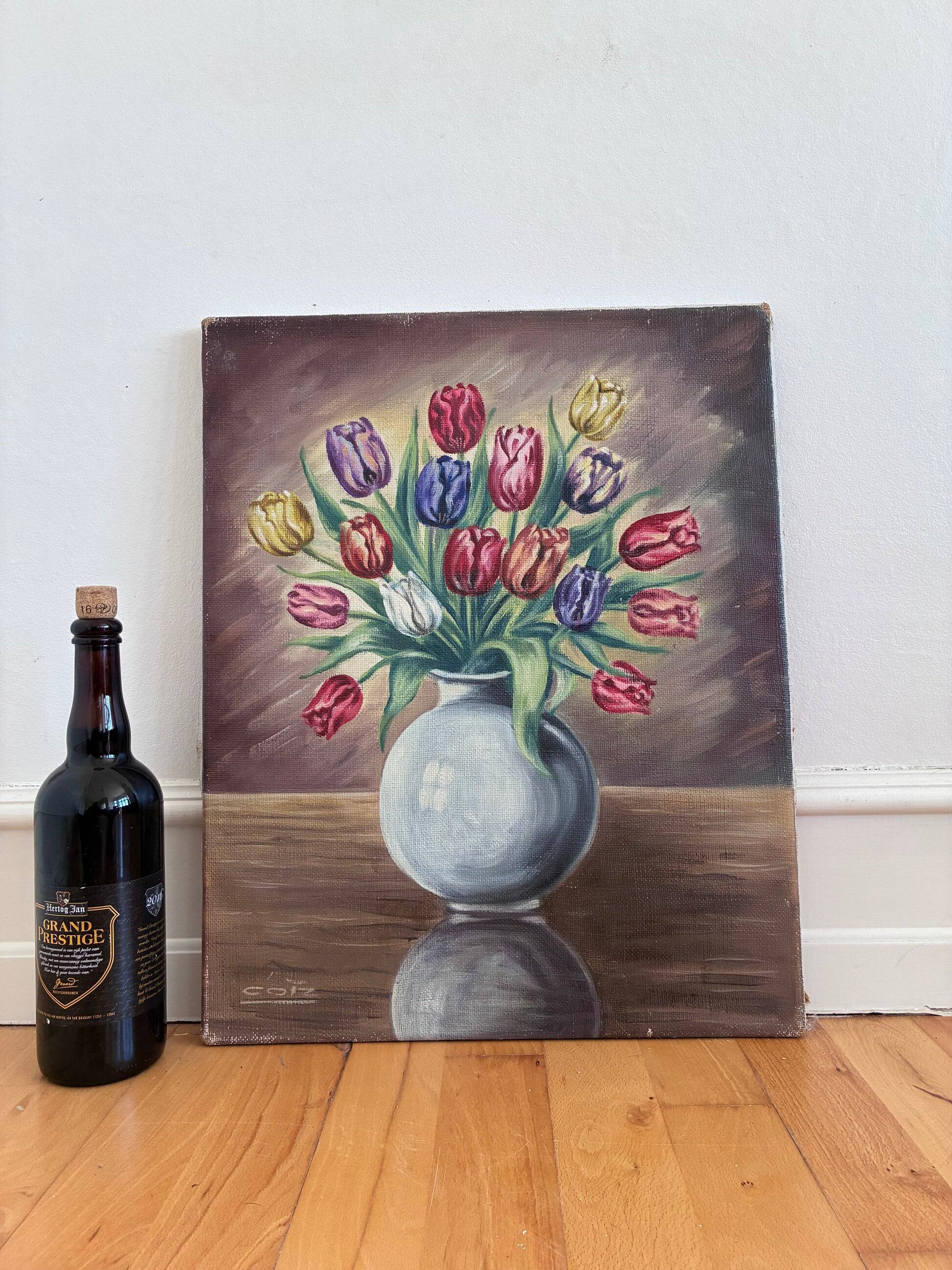 Peinture à l'huile vintage originale de fleurs, art mural de nature morte florale