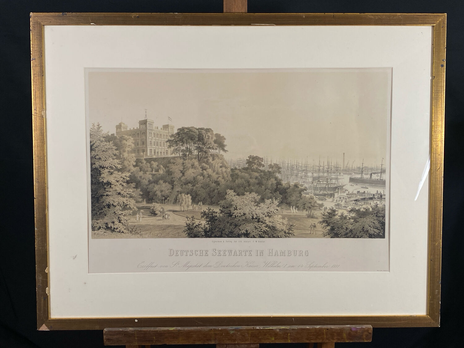 Lithograph under glass "Port of Hamburg", 19th century.