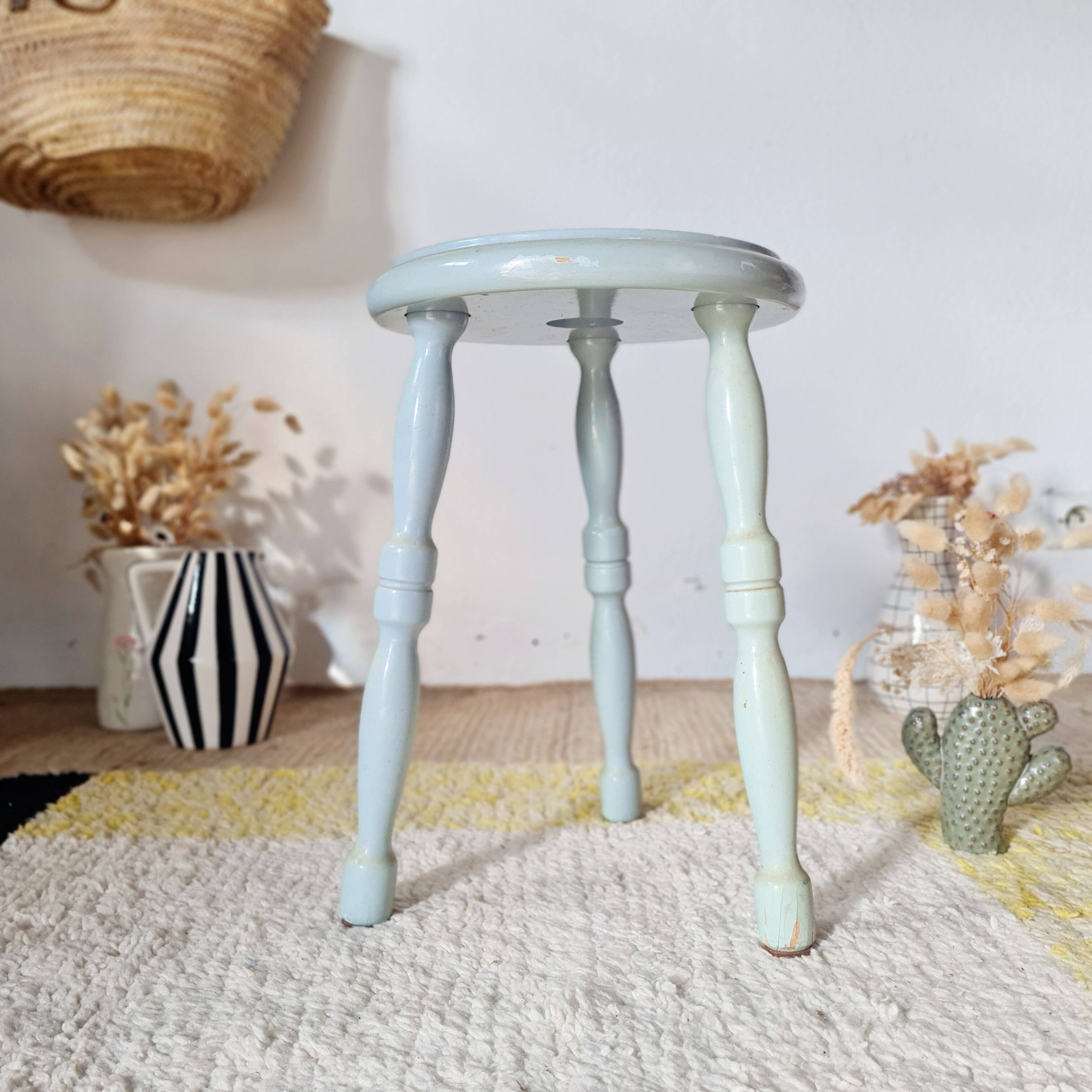 Antique tripod stool, solid wood, blue.
