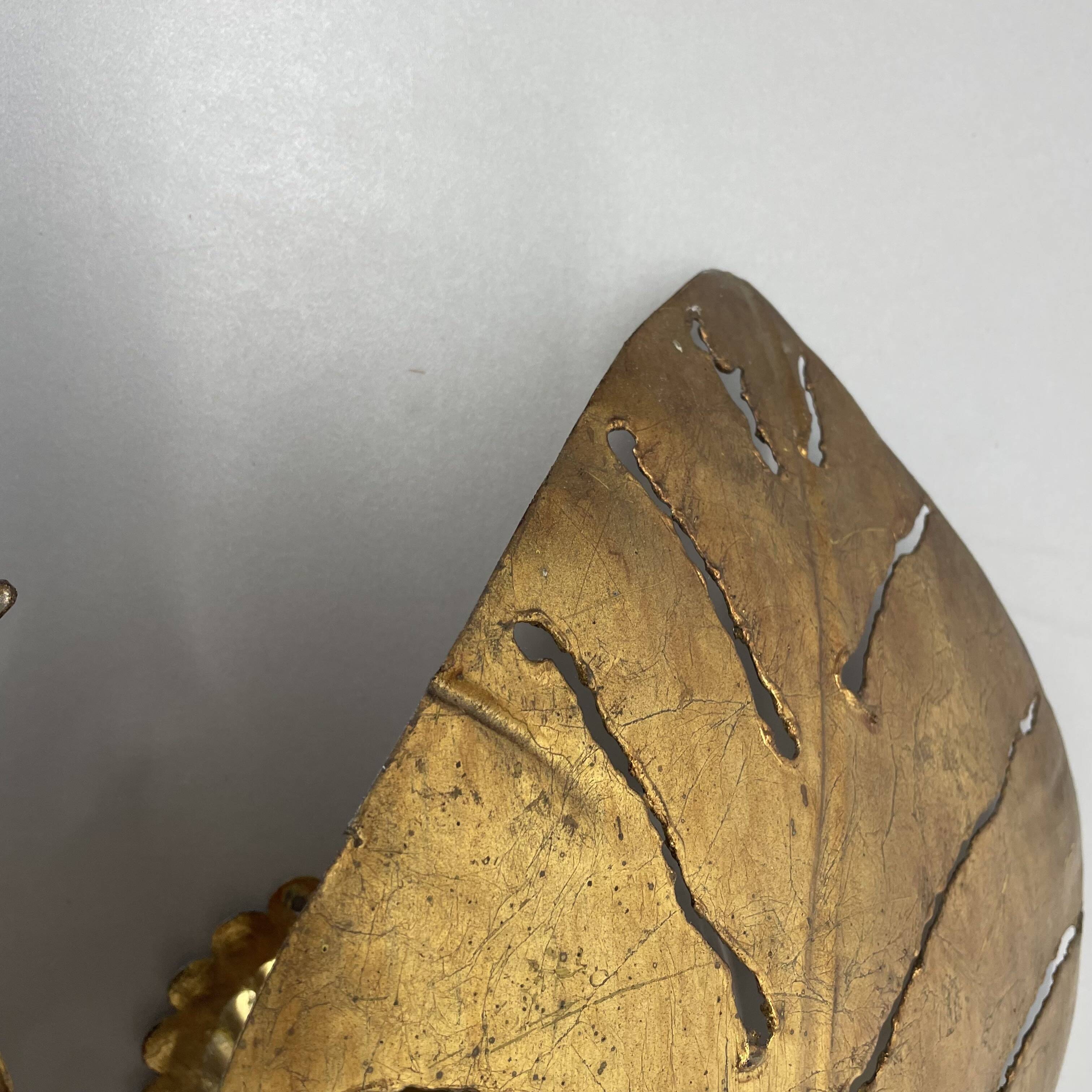 Golden metal "monstera" leaf wall light sconce, france, 1970s