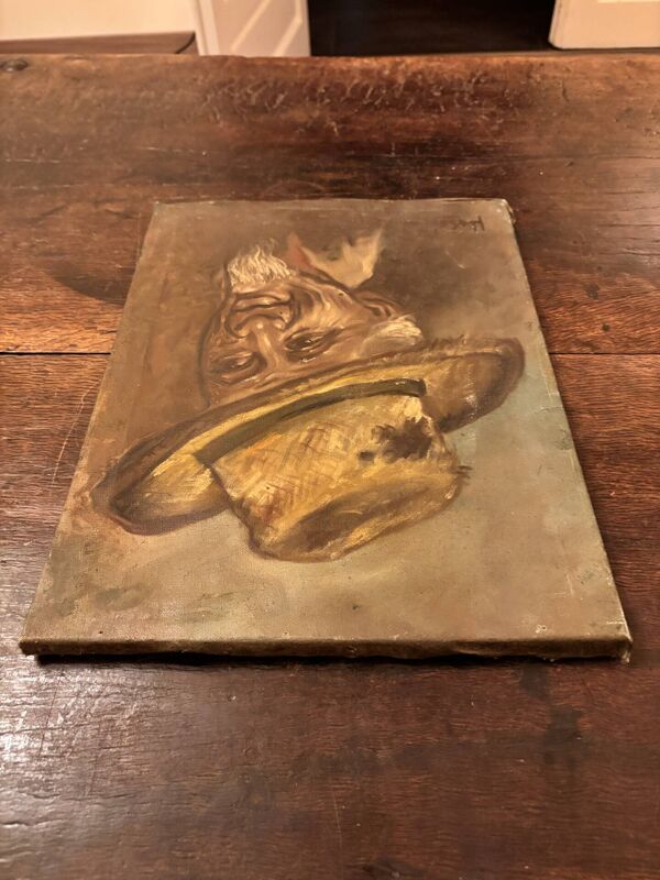 Tableau Ancien Huile sur Toile : Portrait d'Homme au Chapeau