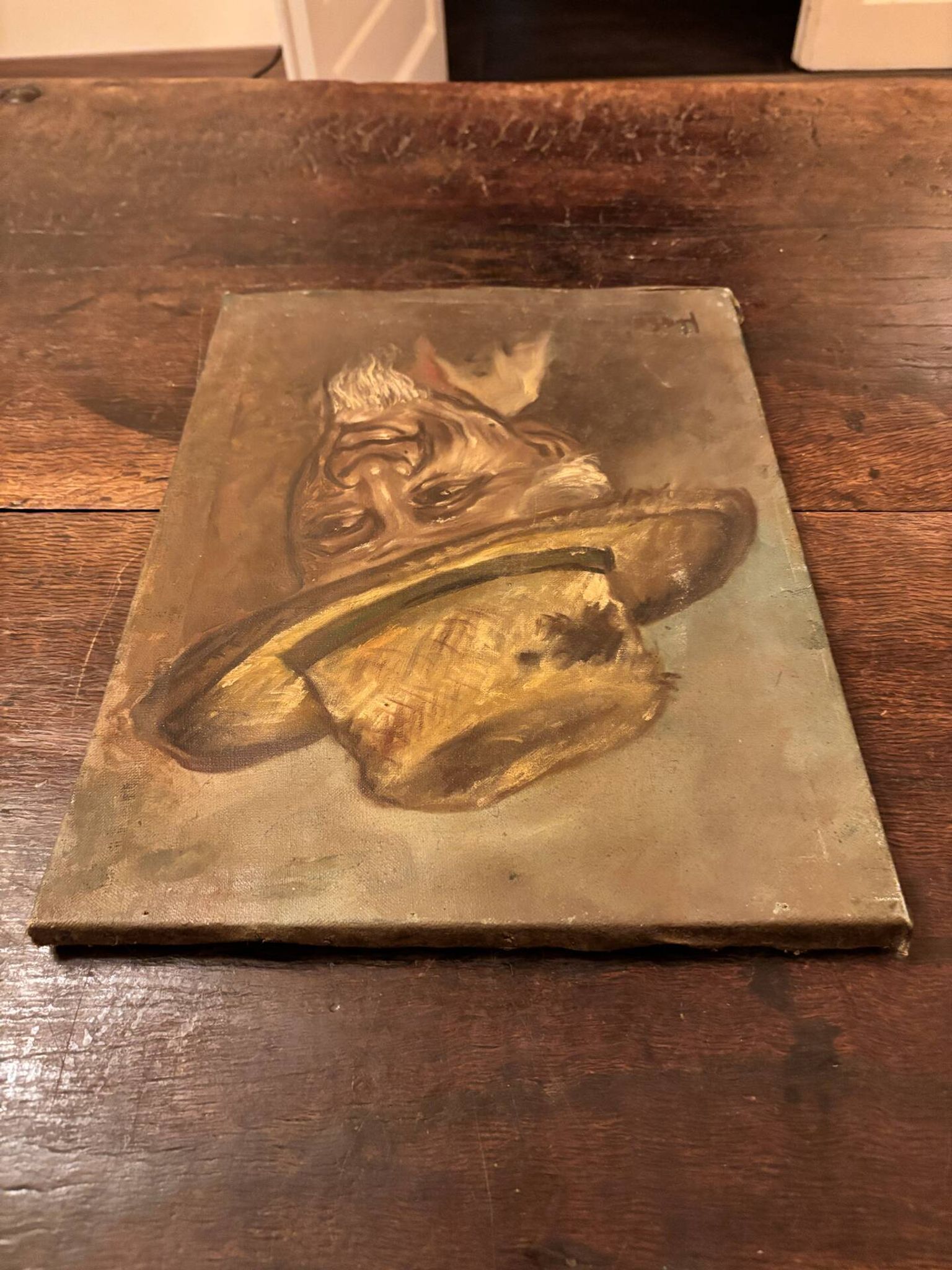 Old Table Oil on Canvas: Portrait of a Man in a Hat