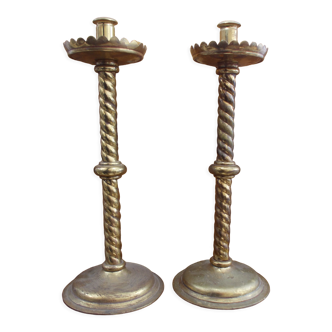 Pair of antique candle holders 19th brass 39 cm