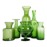Mid-century modern collection of six green vases by Erik Hoglund, Sweden, 1960s.