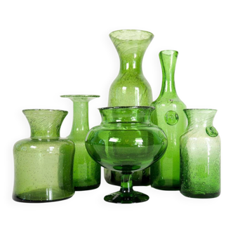 Mid-century modern collection of six green vases by Erik Hoglund, Sweden, 1960s.