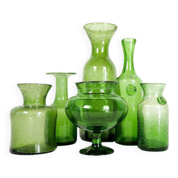 Mid-century modern collection of six green vases by Erik Hoglund, Sweden, 1960s.