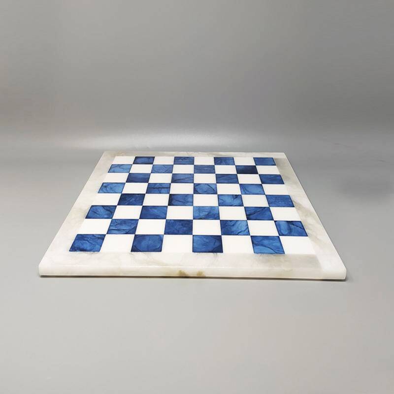 1970s Blue and White Chess Set in Volterra Alabaster Handmade. Made