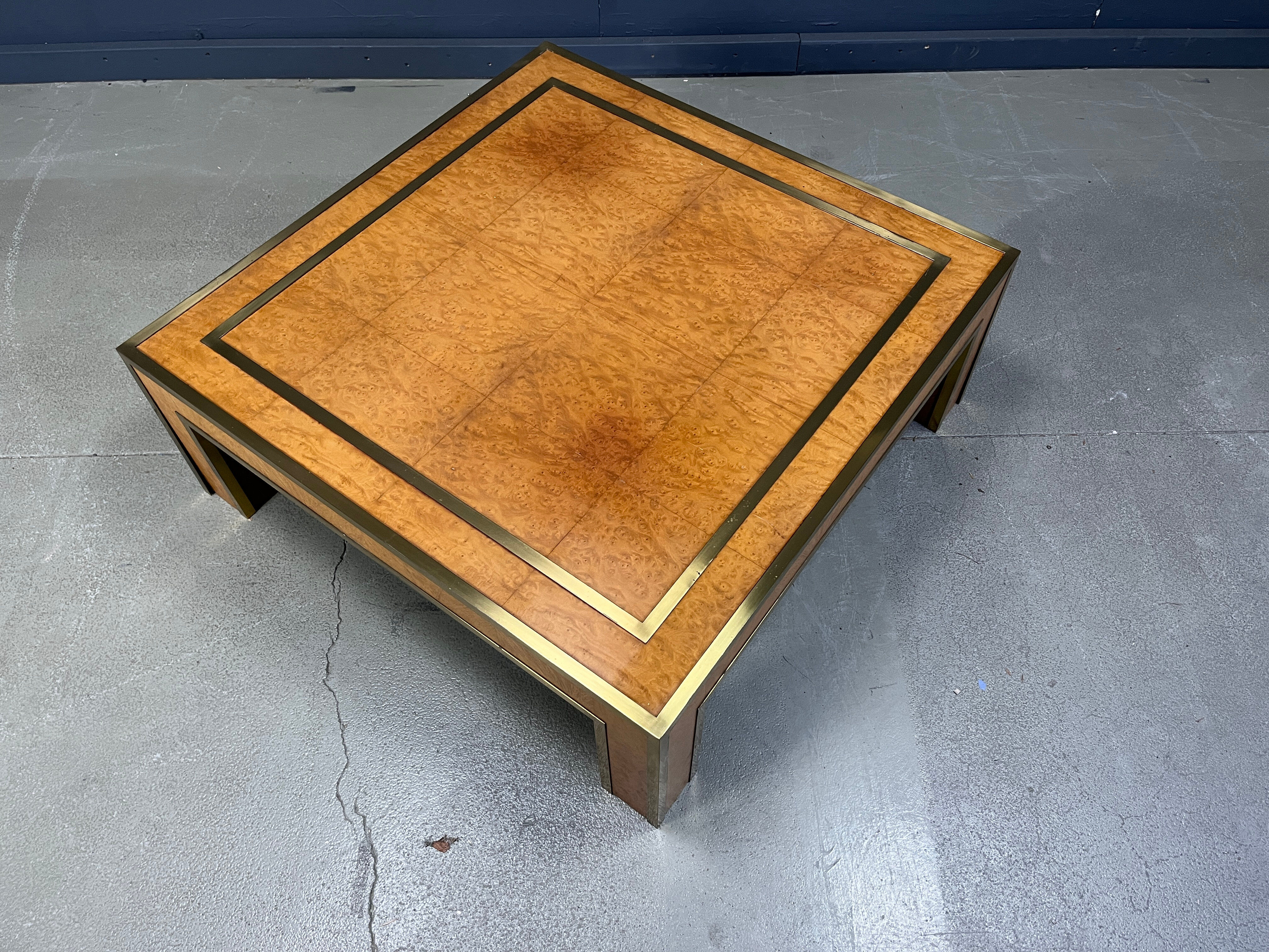 Brass and burl wood coffee table by Jean Claude Mahey, 1970s