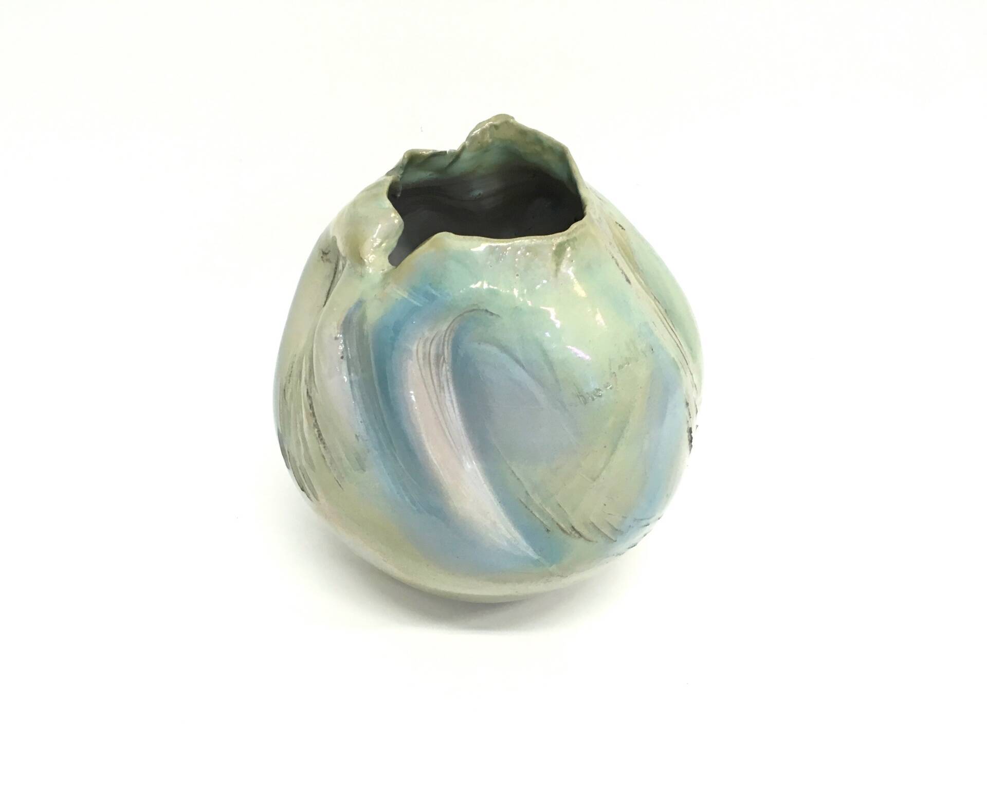 Postmodern Sculptural Hand-Made Iridescent Blue Glazed Earthenware Vase, Italy