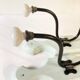 Antique metal and porcelain coat hooks, painted wooden support