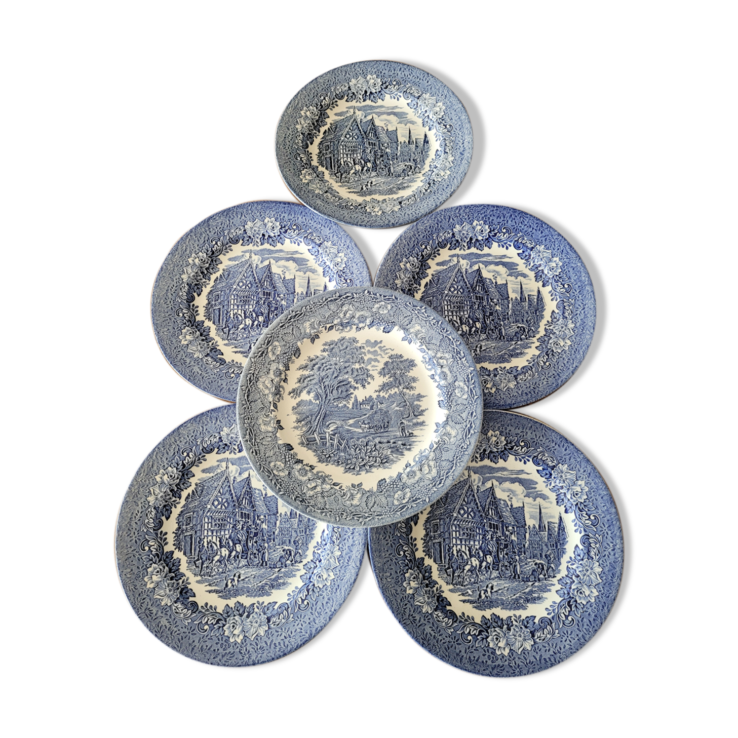 6 blue plates made in england