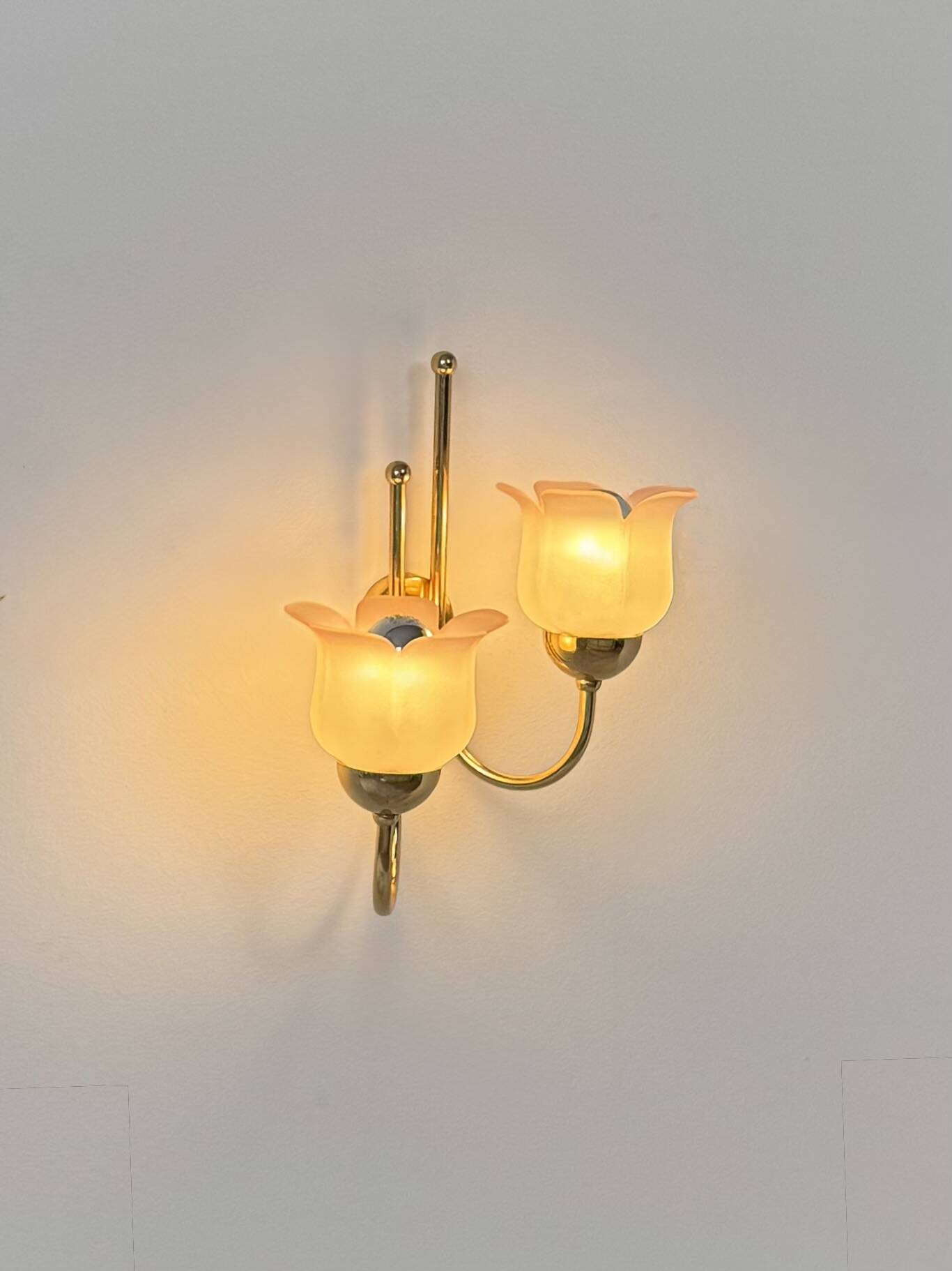 Vintage wall light, brass and frosted pink moulded glass, France, 1980.