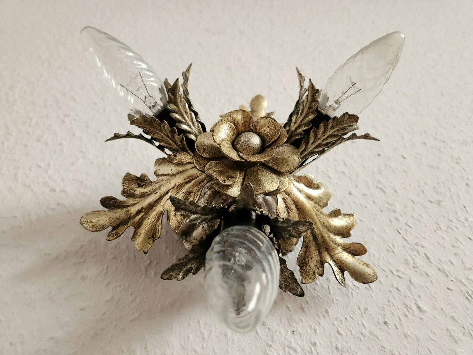 Vintage Florentine floral hand-forged silver-plated 3-light flush mount from Banci Firenze, Italy, Florence 1960s, set of 5