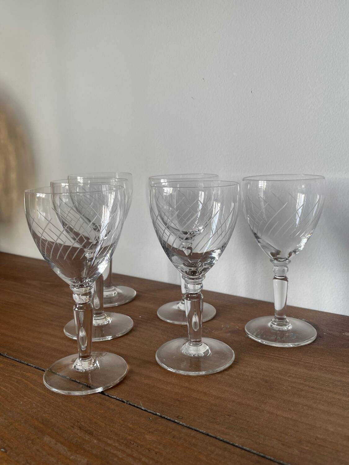 6 crystal engraved white wine glasses with stems