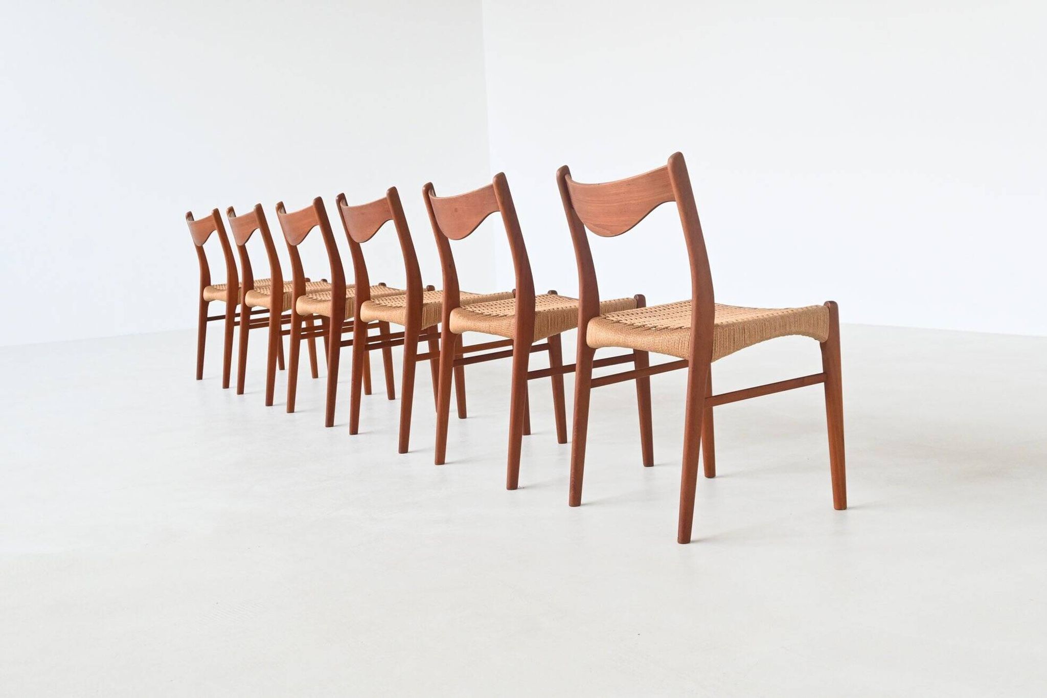 Arne Wahl Iversen set of six dining chairs in teak Glyngore Denmark 1960