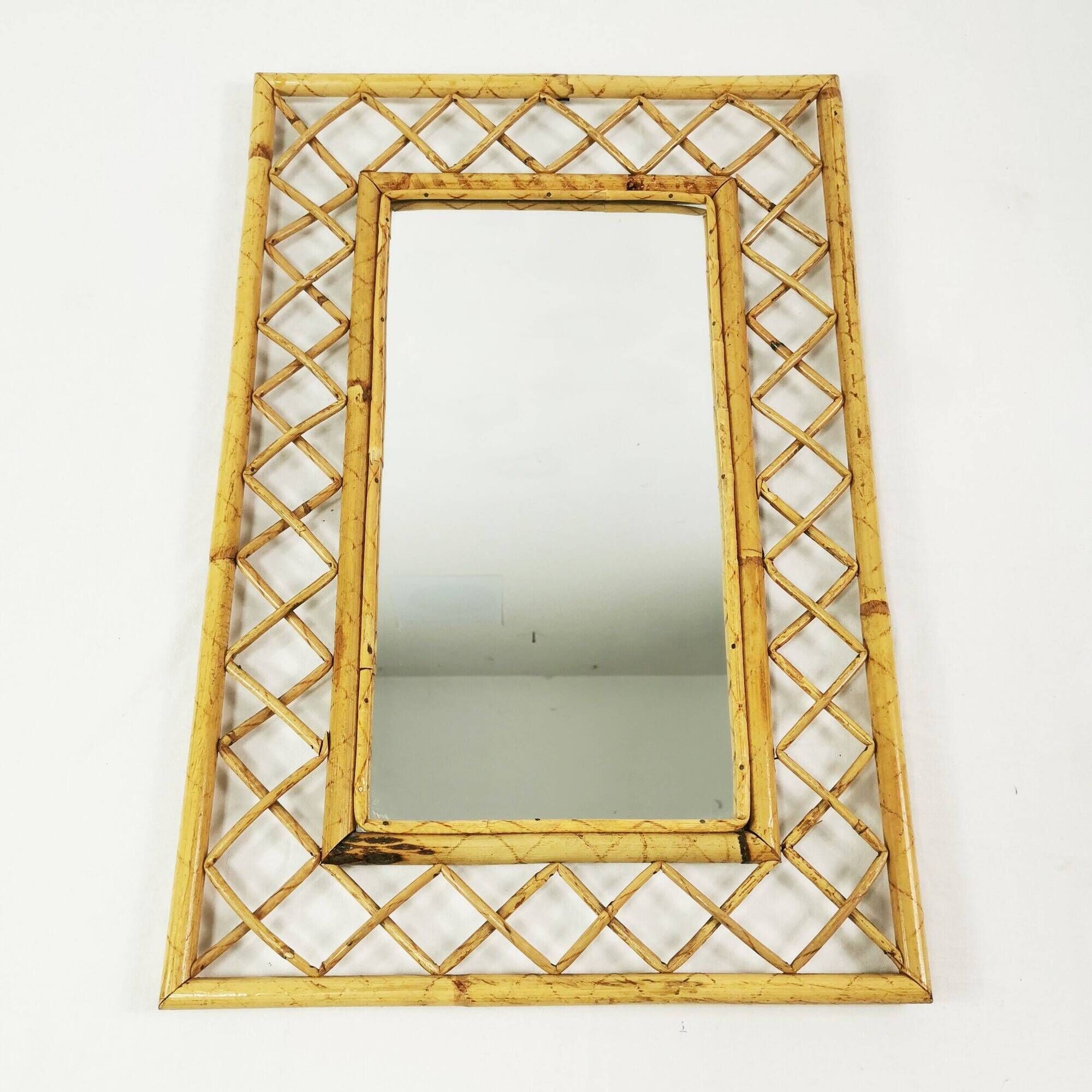 Mid Century Bamboo and Rattan Wall Mirror, Italy, 1960s