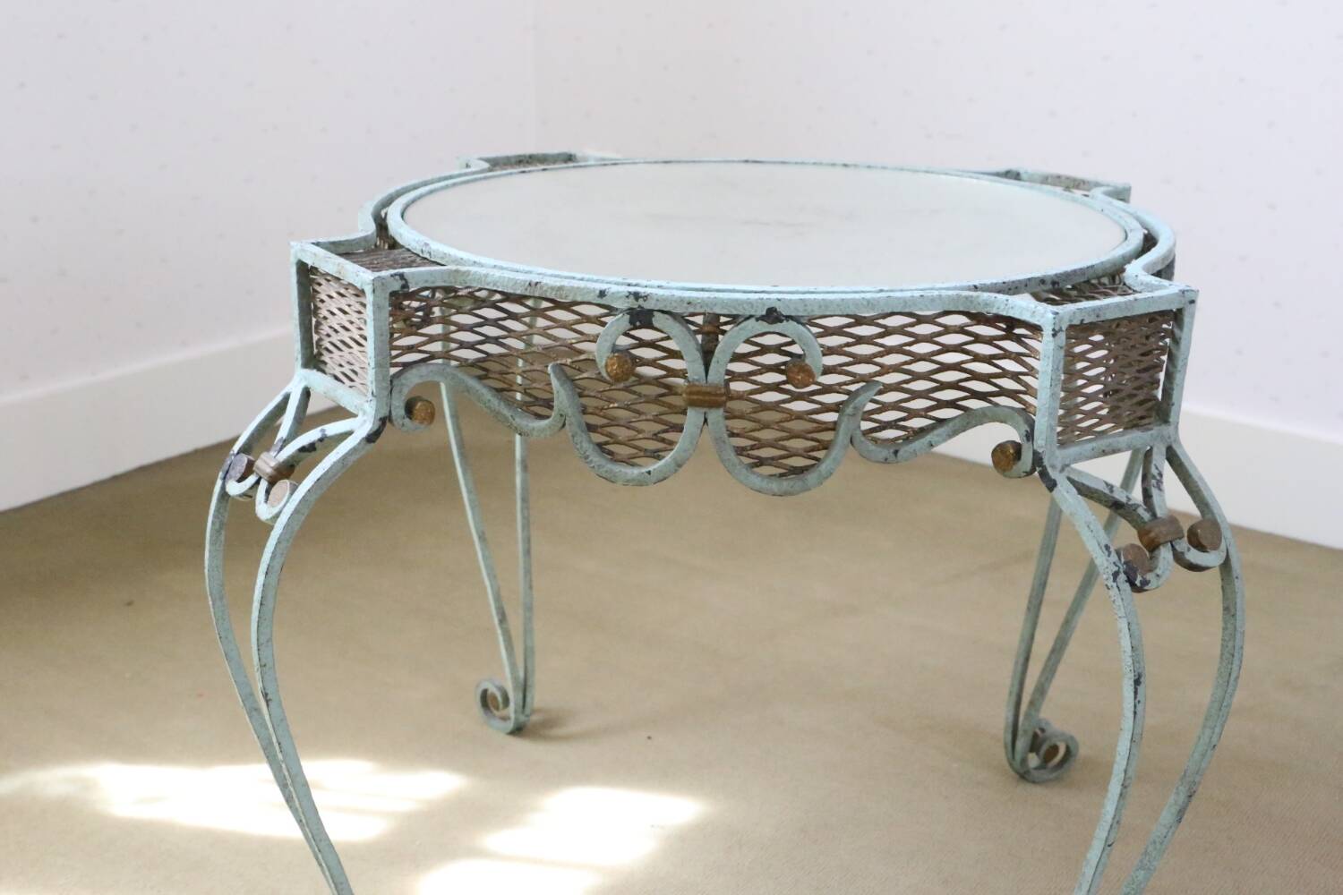 Wrought iron pedestal table mirror top 1930