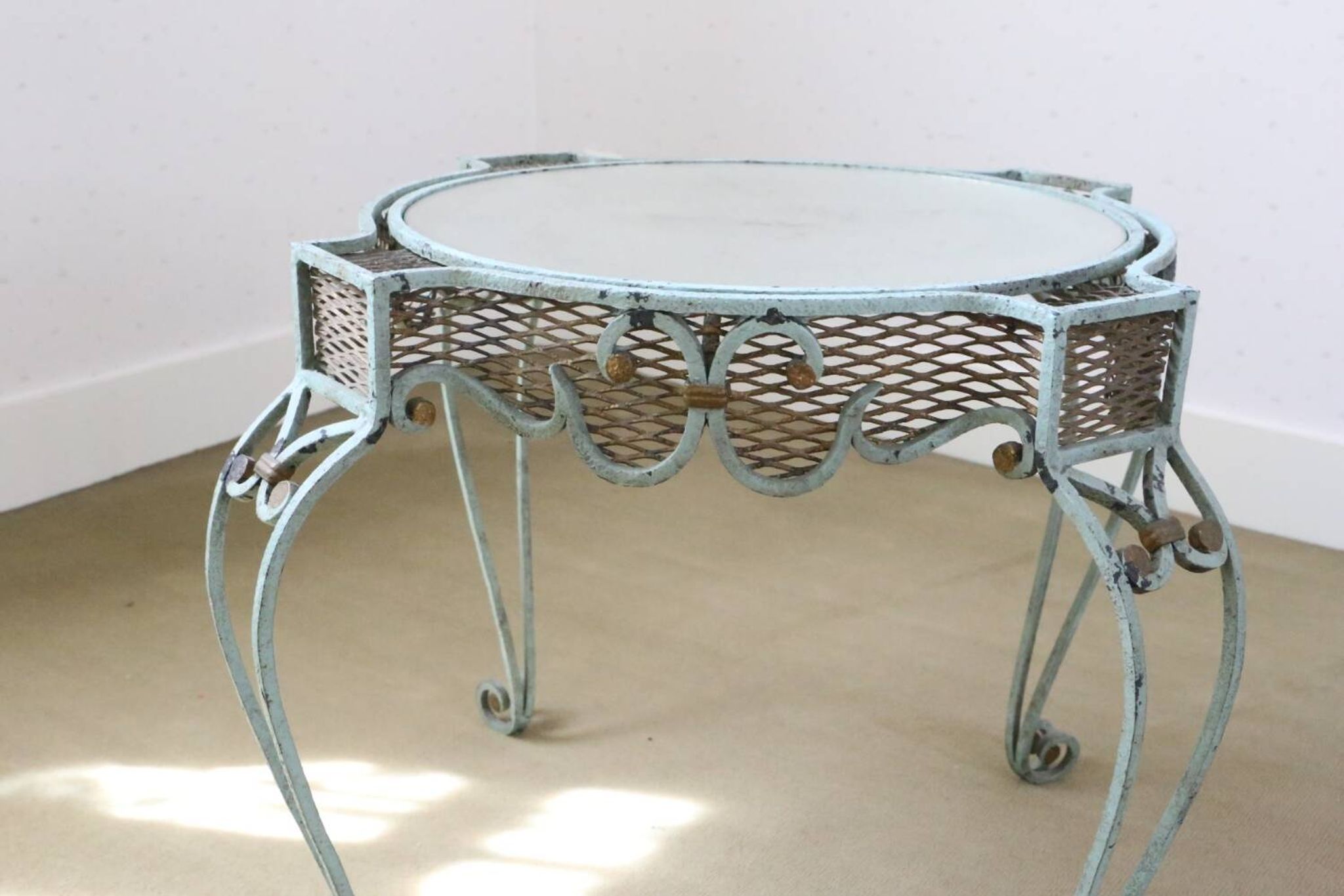 Wrought iron pedestal table mirror top 1930