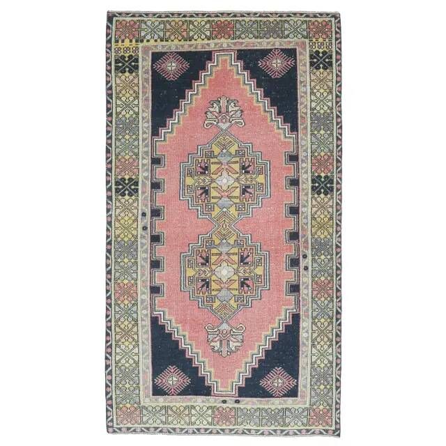 1970s Turkish Oushak Handmade Wool Cotton Pink Area Rug 114x212