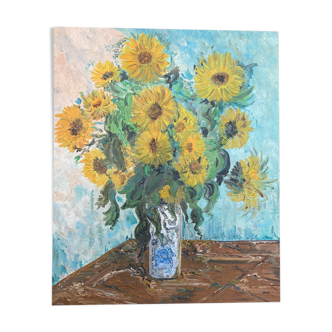 Peinture à l'huile bouquet de tournesols carton entoilé
