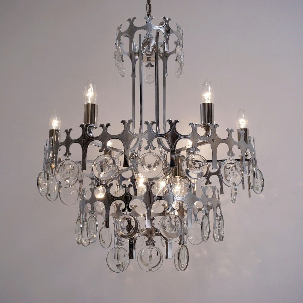 Sciolari chandelier `Ovali` 12 lights, silver with optical crystals, 1970`s ca, Italian, Rewired