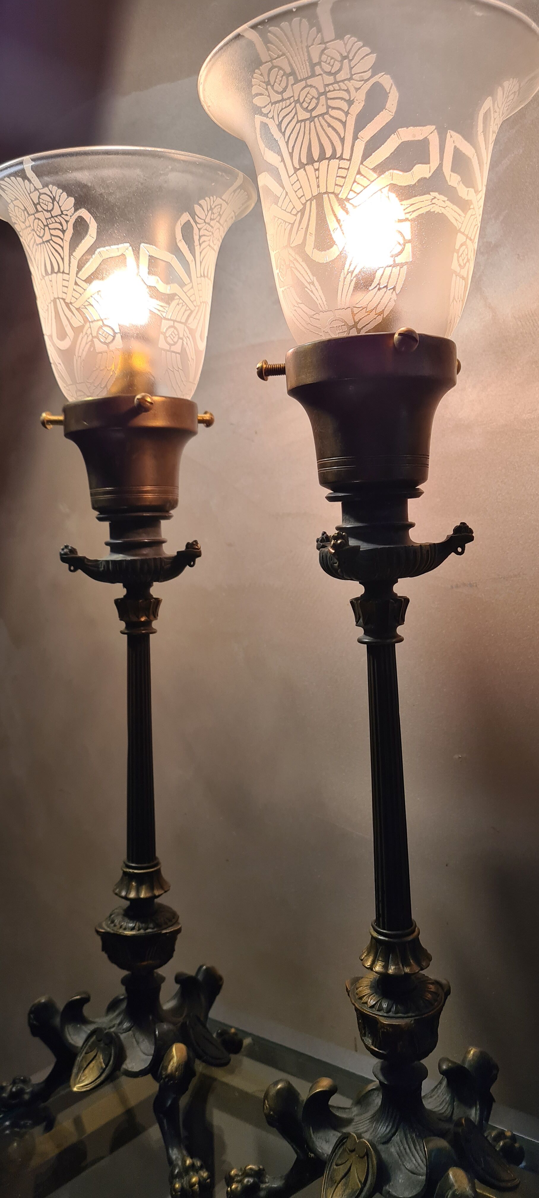 2 tripod lamps empire napoleon 1890 acid-etched tulips in unsigned bacara 46x15
