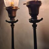 2 lampes tripode empire  napoleon 1890 tulipes gravé a l acide dans le bacara non signe 46x15