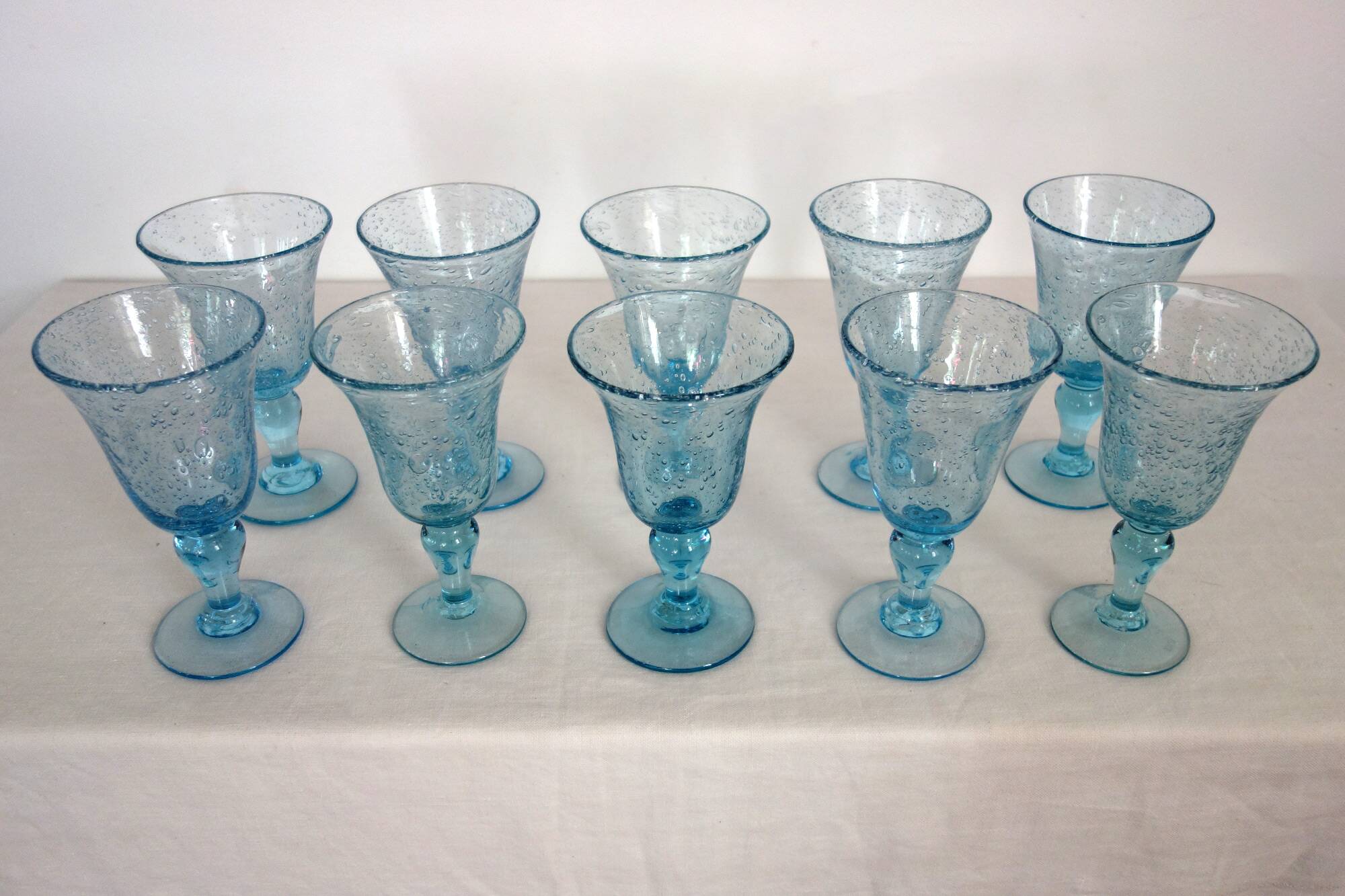 10 footed glasses from the biot glassworks in blown glass.
