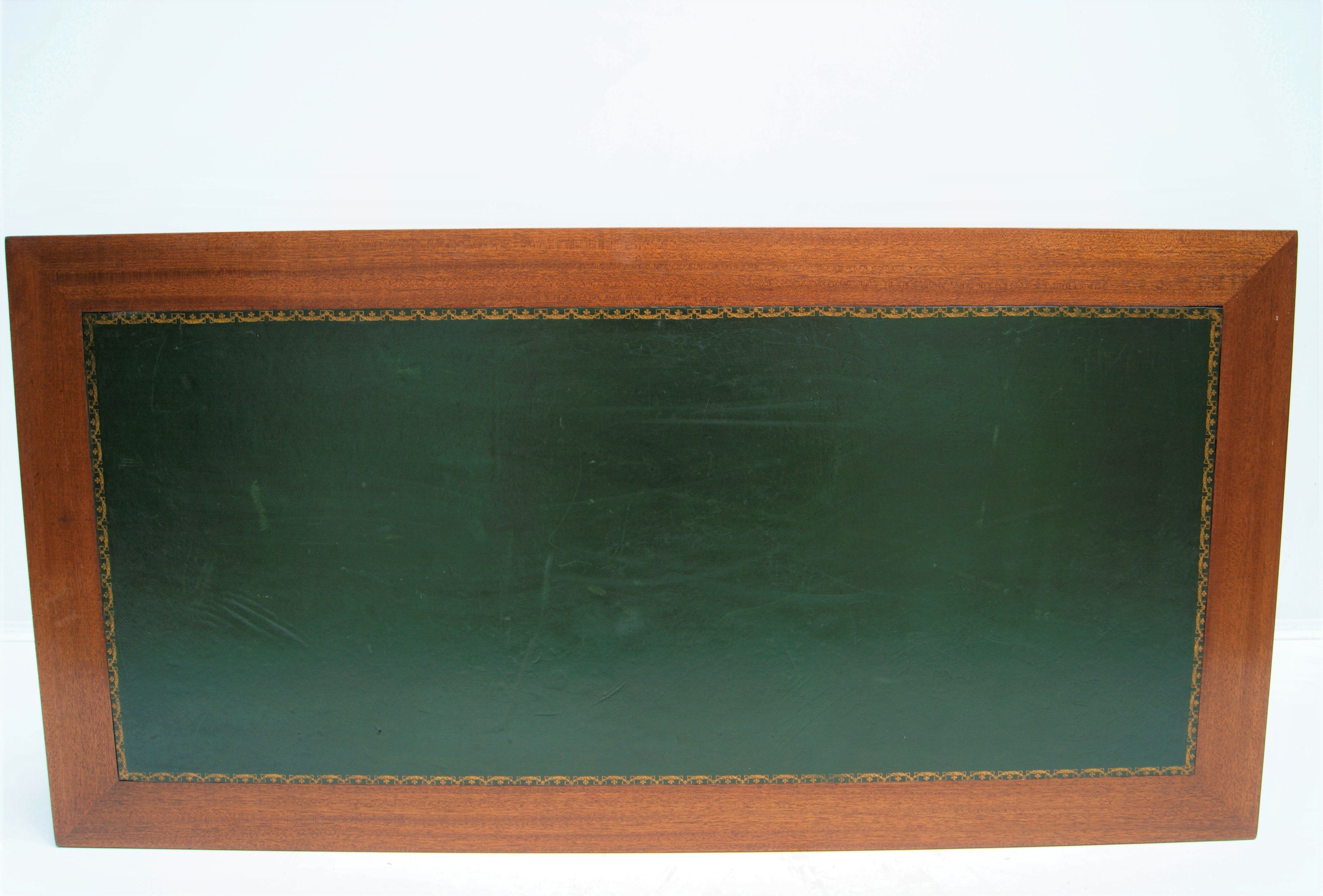 Mahogany coffee table, green leather, bronze Empire style