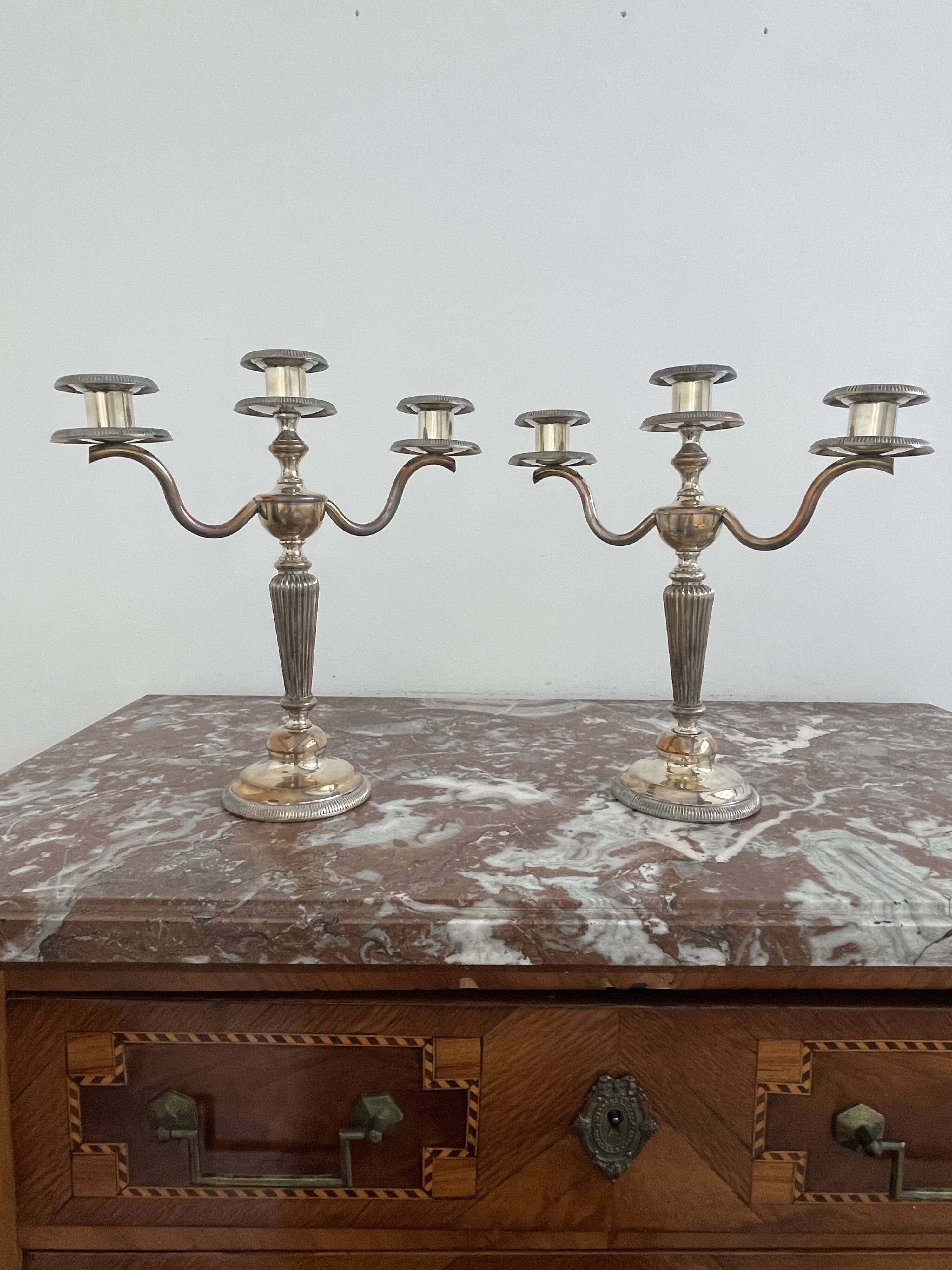 Candlesticks, silver-plated metal, Maison Christofle, pair of candelabras, 3 lights