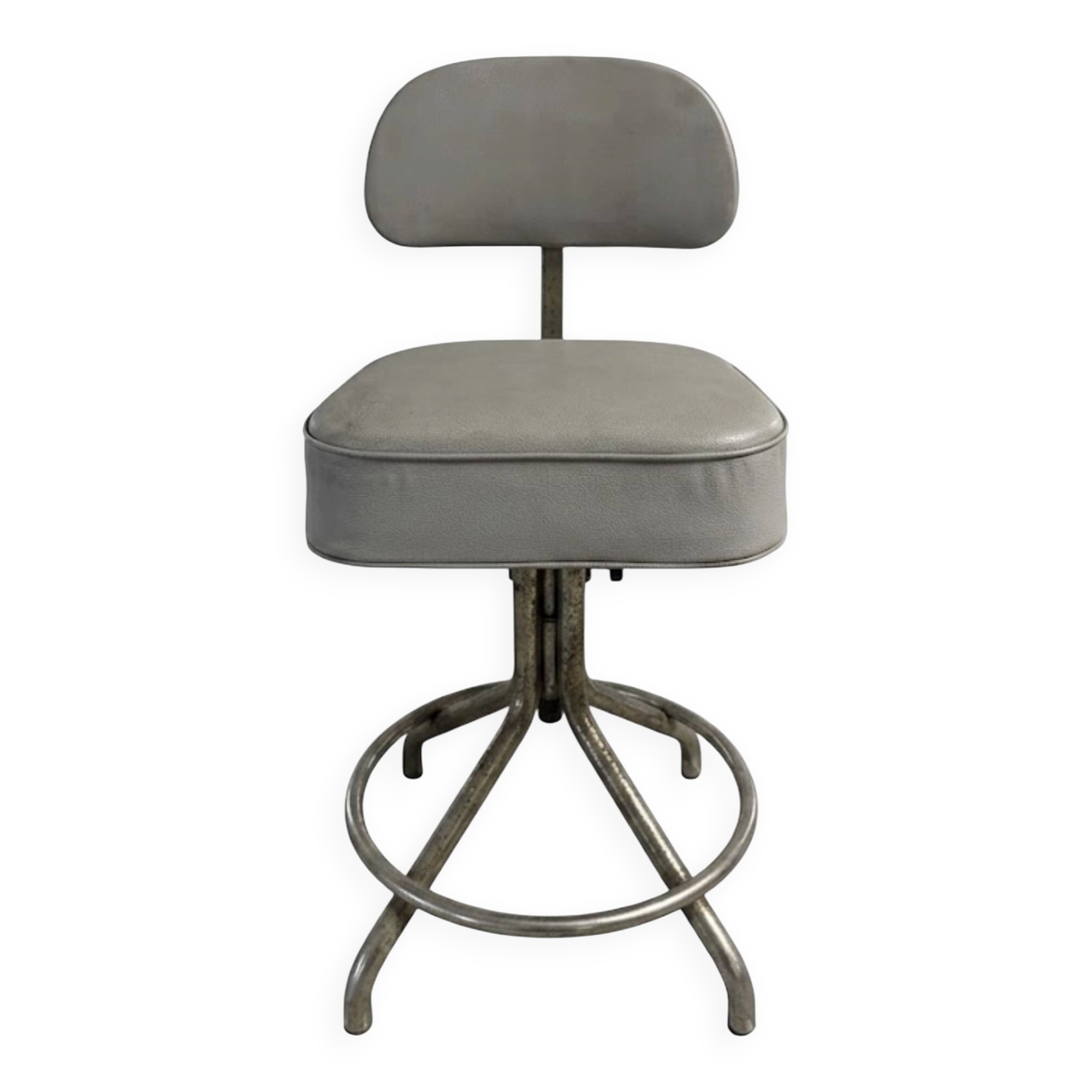 Title Vintage adjustable workshop chair – patinated metal & grey faux leather