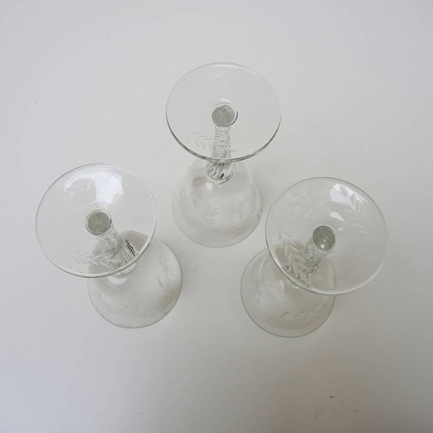 3 old stemmed glasses - engraved plant decor