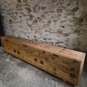 Old French industrial workshop furniture in pine / storage bench, circa 1880–1900