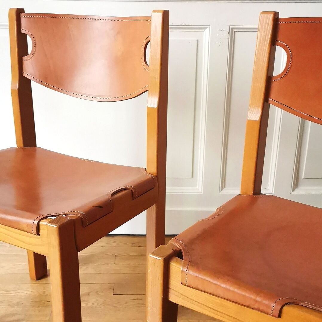 Paire de chaises orme et cuir Maison Regain