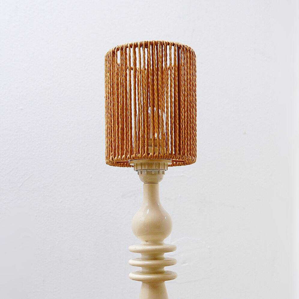 Vintage ceramic table lamp in sand color with a new rope lampshade