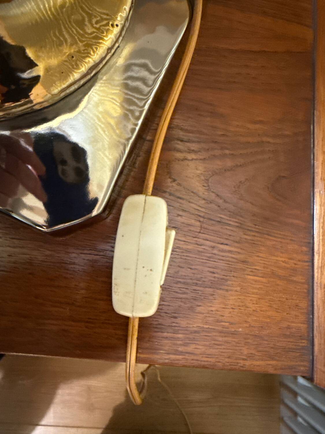 Beautiful ceramic base lamp with a golden metal shade.