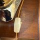 Beautiful ceramic base lamp with a golden metal shade.