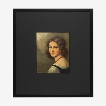 Portrait d’une femme des années 1920, huile sur plaque, 55 x 60 cm