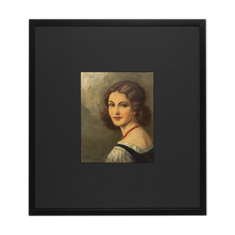 Portrait d’une femme des années 1920, huile sur plaque, 55 x 60 cm